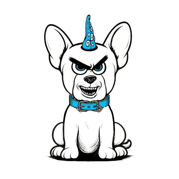 White dog with pointed ears and a blue horn