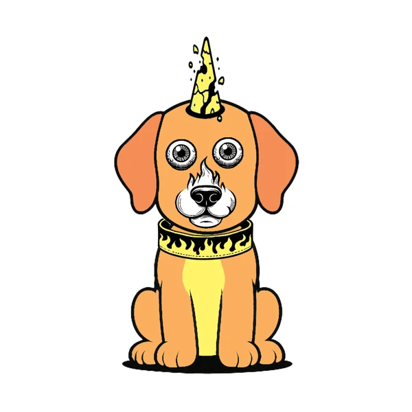 Orange dog with a spotted horn and flame collar