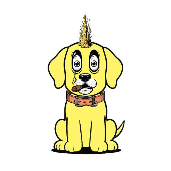 Yellow dog with a golden horn and orange collar