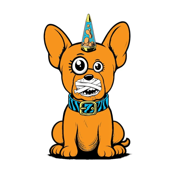 Orange dog with pointed ears and a lava lamp horn