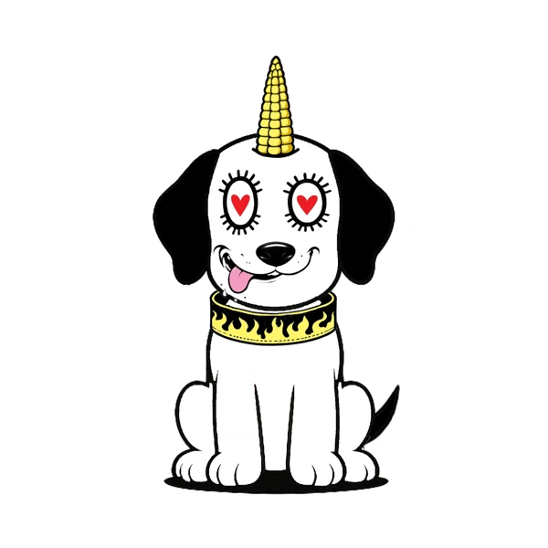 White dog with black ears, heart eyes, and a yellow horn