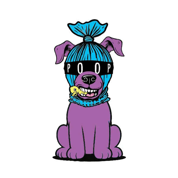 Purple dog with a blue bag over its head