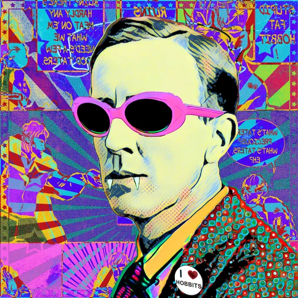 Tolkien 18: Pink sunglasses, a yellow face, and a patterned jacket
