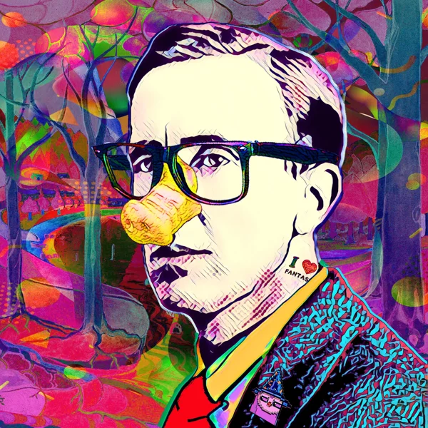 Tolkien 53: Black glasses and a bubblegum bubble against a vivid backdrop