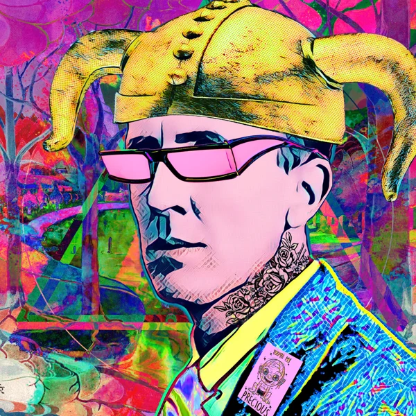 Tolkien 57: A gold horned helmet and narrow pink glasses