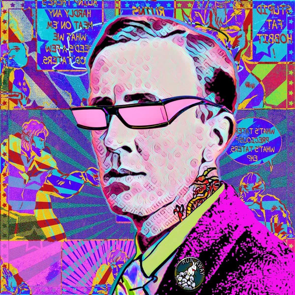 Tolkien 68: Narrow pink glasses, pink spotted skin, and a magenta jacket