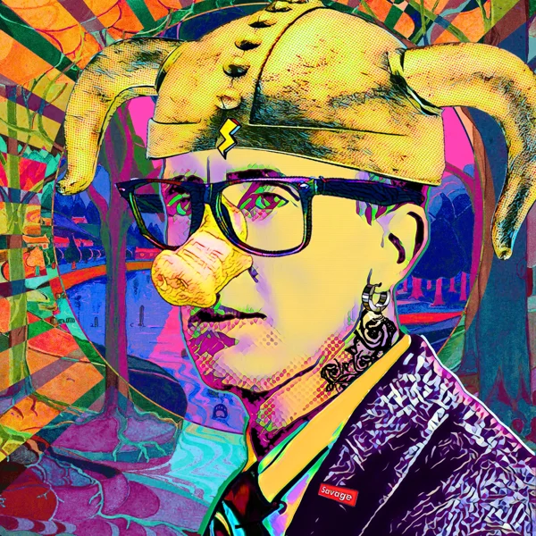 Tolkien 83: A gold horned helmet, black glasses, and a bubblegum bubble
