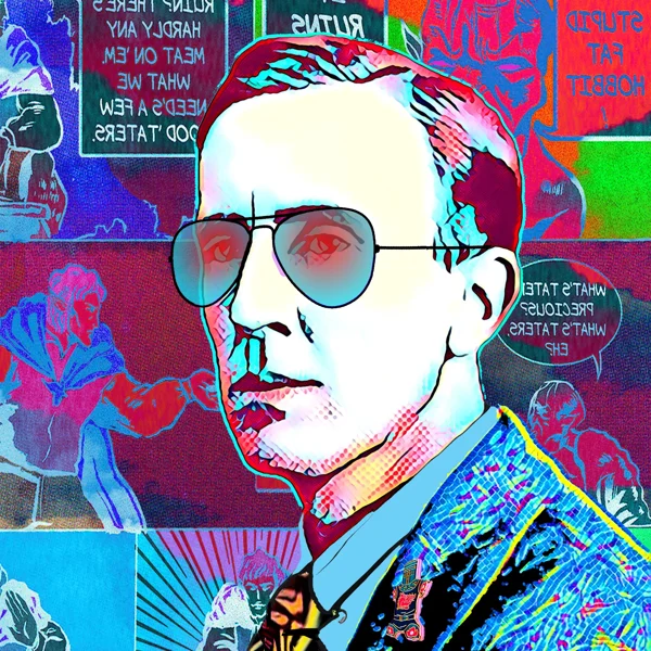 Tolkien 94: Mirrored aviators with a pale face and blue jacket