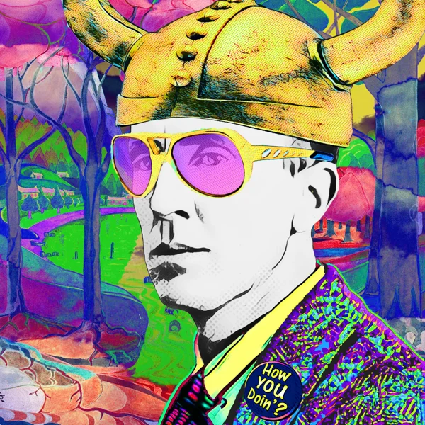 Tolkien 100: A gold horned helmet and gold-framed pink aviators