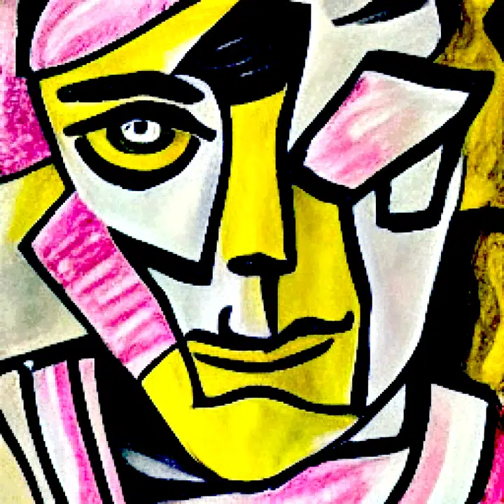 Close-up face fragmented into pink and yellow planes
