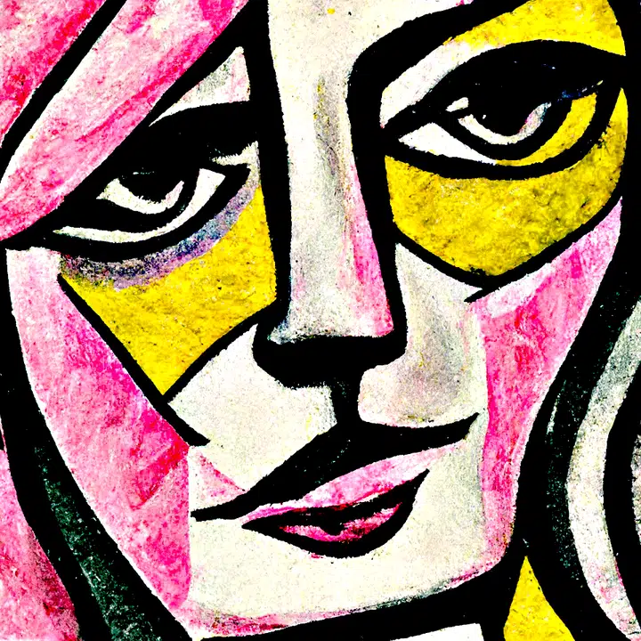 Tilted close-up with sweeping black eyes and pink cheeks