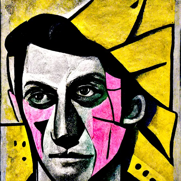 Angular face with swept black hair against yellow